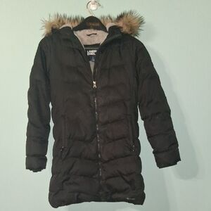 Lands' End Kids L(10-12) Black Puffer Jacket with De-tachable Faux Fur Trim